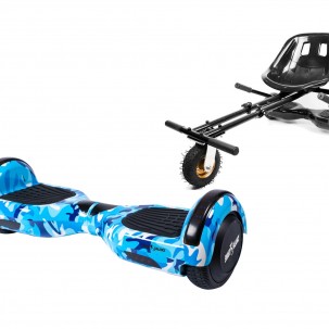 Set Hoverboard cu Scaun, Hoverkart Negru cu Suspensii Duble, Boxe Bluetooth, Lumini LED si Auto Balans, roti 6.5'', 15km Autonomie, Putere 700W, Baterie 4Ah Samsung Cell, Smart Balance Regular Camouflage Blue