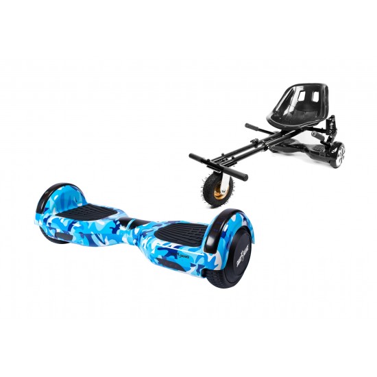 Set Hoverboard cu Scaun, Hoverkart Negru cu Suspensii Duble, Boxe Bluetooth, Lumini LED si Auto Balans, roti 6.5'', 15km Autonomie, Putere 700W, Baterie 4Ah Samsung Cell, Smart Balance Regular Camouflage Blue