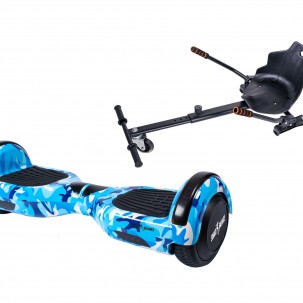 Set Hoverboard cu Scaun, Hoverkart Ergonomic, Boxe Bluetooth, Lumini LED si Auto Balans, roti 6.5'', 15km Autonomie, Putere 700W, Baterie 4Ah Samsung Cell, Smart Balance Regular Camouflage Blue