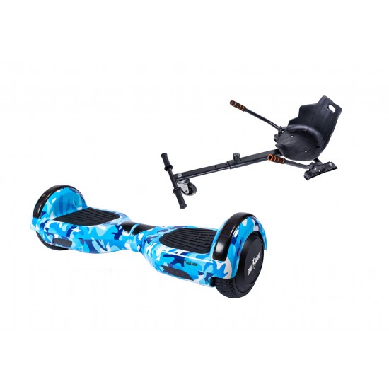 Set Hoverboard cu Scaun, Hoverkart Ergonomic, Boxe Bluetooth, Lumini LED si Auto Balans, roti 6.5'', 15km Autonomie, Putere 700W, Baterie 4Ah Samsung Cell, Smart Balance Regular Camouflage Blue