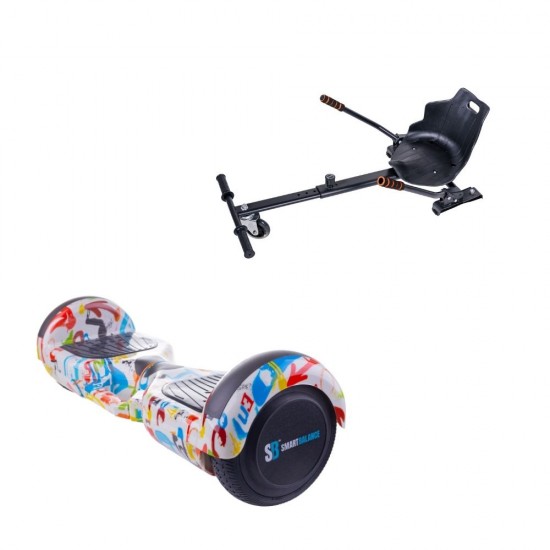 Set Hoverboard cu Scaun, Hoverkart Ergonomic, Boxe Bluetooth, Lumini LED si Auto Balans, roti 6.5'', 15km Autonomie, Putere 700W, Baterie 4Ah Samsung Cell, Smart Balance Regular Splash cu maner