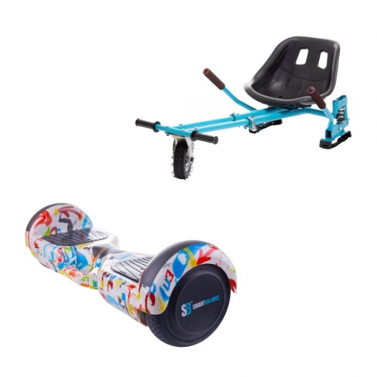 Set Hoverboard cu Scaun, Hoverkart Albastru cu Suspensii Duble, Boxe Bluetooth, Lumini LED si Auto Balans, roti 6.5'', 15km Autonomie, Putere 700W, Baterie 4Ah Samsung Cell, Smart Balance Regular Splash cu maner