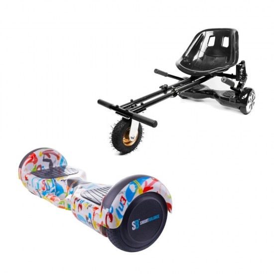 Set Hoverboard cu Scaun, Hoverkart Negru cu Suspensii Duble, Boxe Bluetooth, Lumini LED si Auto Balans, roti 6.5'', 15km Autonomie, Putere 700W, Baterie 4Ah Samsung Cell, Smart Balance Regular Splash cu maner