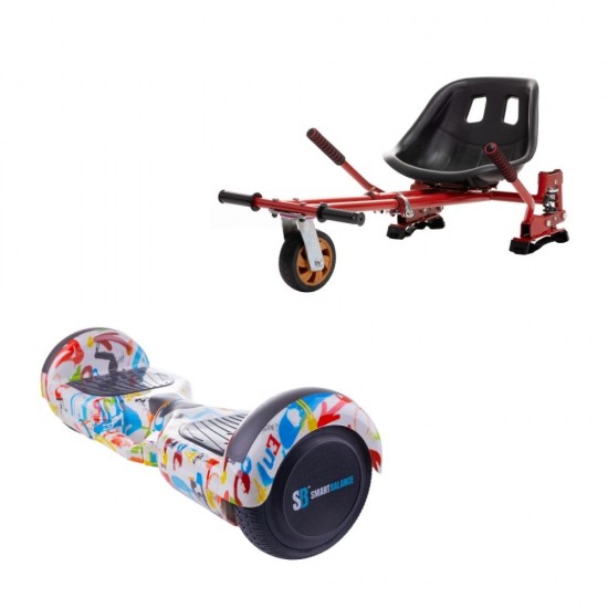 Set Hoverboard cu Scaun, Hoverkart Rosu cu Suspensii Duble, Boxe Bluetooth, Lumini LED si Auto Balans, roti 6.5'', 15km Autonomie, Putere 700W, Baterie 4Ah Samsung Cell, Smart Balance Regular Splash cu maner