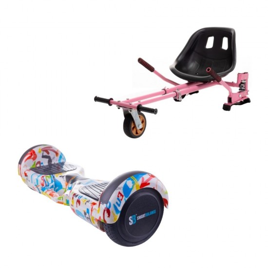 Set Hoverboard cu Scaun, Hoverkart Roz cu Suspensii Duble, Boxe Bluetooth, Lumini LED si Auto Balans, roti 6.5'', 15km Autonomie, Putere 700W, Baterie 4Ah Samsung Cell, Smart Balance Regular Splash cu maner