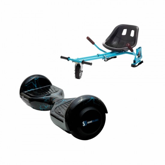 Set Hoverboard cu Scaun, Hoverkart Albastru cu Suspensii Duble, Boxe Bluetooth, Lumini LED si Auto Balans, roti 6.5'', 15km Autonomie, Putere 700W, Baterie 4Ah Samsung Cell, Smart Balance Regular Thunderstorm Blue