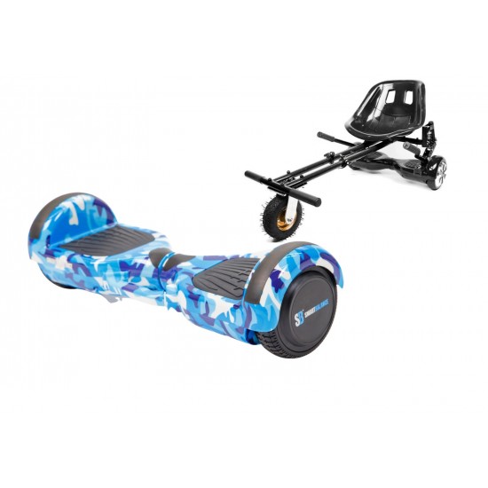 Set Hoverboard cu Scaun, Hoverkart Negru cu Suspensii Duble, Boxe Bluetooth, Lumini LED si Auto Balans, roti 6.5'', 15km Autonomie, Putere 700W, Baterie 4Ah Samsung Cell, Smart Balance Regular Camouflage Blue cu maner