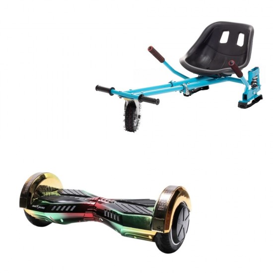 Set Hoverboard cu Scaun, Hoverkart Albastru cu Suspensii Duble, Boxe Bluetooth, Lumini LED si Auto Balans, roti 8'', 15km Autonomie, Putere 700W, Baterie 4Ah Samsung Cell, Smart Balance Transformers California 