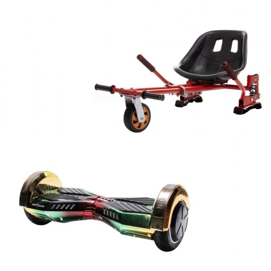 Set Hoverboard cu Scaun, Hoverkart Rosu cu Suspensii Duble, Boxe Bluetooth, Lumini LED si Auto Balans, roti 8'', 15km Autonomie, Putere 700W, Baterie 4Ah Samsung Cell, Smart Balance Transformers California 