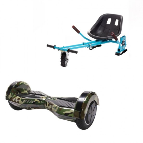 Set Hoverboard cu Scaun, Hoverkart Albastru cu Suspensii Duble, Boxe Bluetooth, Lumini LED si Auto Balans, roti 8'', 15km Autonomie, Putere 700W, Baterie 4Ah Samsung Cell, Smart Balance Transformers Camouflage 