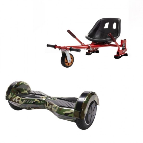 Set Hoverboard cu Scaun, Hoverkart Rosu cu Suspensii Duble, Boxe Bluetooth, Lumini LED si Auto Balans, roti 8'', 15km Autonomie, Putere 700W, Baterie 4Ah Samsung Cell, Smart Balance Transformers Camouflage 