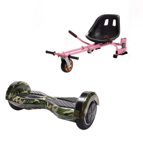 Set Hoverboard cu Scaun, Hoverkart Roz cu Suspensii Duble, Boxe Bluetooth, Lumini LED si Auto Balans, roti 8'', 15km Autonomie, Putere 700W, Baterie 4Ah Samsung Cell, Smart Balance Transformers Camouflage 