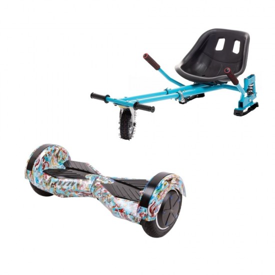 Set Hoverboard cu Scaun, Hoverkart Albastru cu Suspensii Duble, Boxe Bluetooth, Lumini LED si Auto Balans, roti 8'', 15km Autonomie, Putere 700W, Baterie 4Ah Samsung Cell, Smart Balance Transformers Clown 