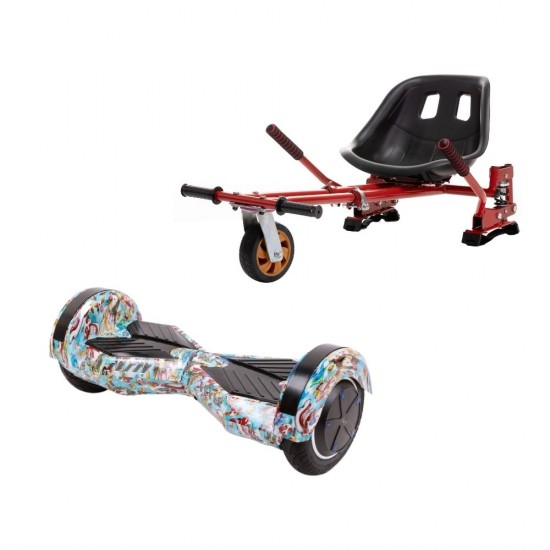 Set Hoverboard cu Scaun, Hoverkart Rosu cu Suspensii Duble, Boxe Bluetooth, Lumini LED si Auto Balans, roti 8'', 15km Autonomie, Putere 700W, Baterie 4Ah Samsung Cell, Smart Balance Transformers Clown 