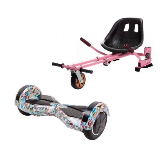 Set Hoverboard cu Scaun, Hoverkart Roz cu Suspensii Duble, Boxe Bluetooth, Lumini LED si Auto Balans, roti 8'', 15km Autonomie, Putere 700W, Baterie 4Ah Samsung Cell, Smart Balance Transformers Clown 