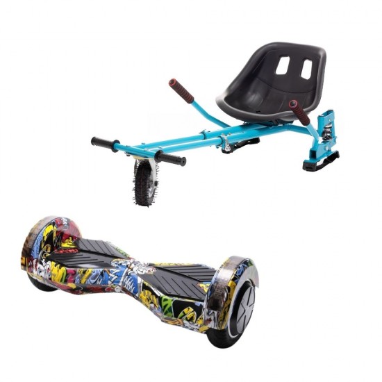 Set Hoverboard cu Scaun, Hoverkart Albastru cu Suspensii Duble, Boxe Bluetooth, Lumini LED si Auto Balans, roti 8'', 15km Autonomie, Putere 700W, Baterie 4Ah Samsung Cell, Smart Balance Transformers HipHop 