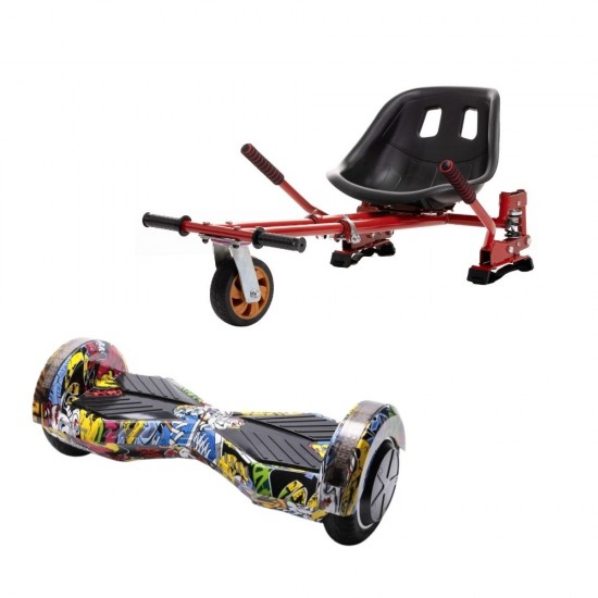 Set Hoverboard cu Scaun, Hoverkart Rosu cu Suspensii Duble, Boxe Bluetooth, Lumini LED si Auto Balans, roti 8'', 15km Autonomie, Putere 700W, Baterie 4Ah Samsung Cell, Smart Balance Transformers HipHop 