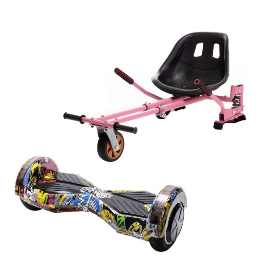 Set Hoverboard cu Scaun, Hoverkart Roz cu Suspensii Duble, Boxe Bluetooth, Lumini LED si Auto Balans, roti 8'', 15km Autonomie, Putere 700W, Baterie 4Ah Samsung Cell, Smart Balance Transformers HipHop 