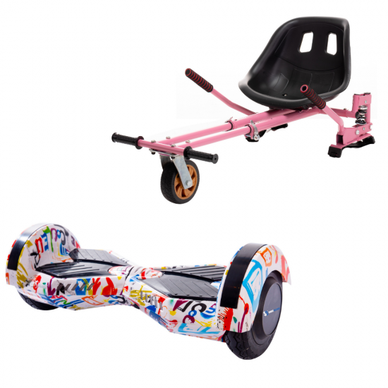 Set Hoverboard cu Scaun, Hoverkart Roz cu Suspensii Duble, Boxe Bluetooth, Lumini LED si Auto Balans, roti 8'', 15km Autonomie, Putere 700W, Baterie 4Ah Samsung Cell, Smart Balance Transformers Splash 