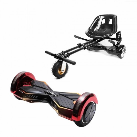 Set Hoverboard cu Scaun, Hoverkart Negru cu Suspensii Duble, Boxe Bluetooth, Lumini LED si Auto Balans, roti 6.5'', 15km Autonomie, Putere 700W, Baterie 4Ah Samsung Cell, Smart Balance Transformers Sunset