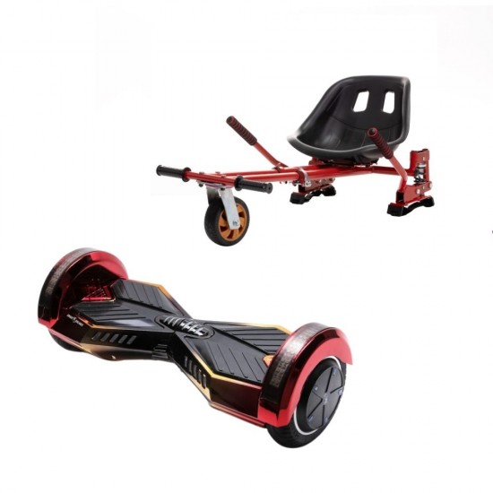 Set Hoverboard cu Scaun, Hoverkart Rosu cu Suspensii Duble, Boxe Bluetooth, Lumini LED si Auto Balans, roti 6.5'', 15km Autonomie, Putere 700W, Baterie 4Ah Samsung Cell, Smart Balance Transformers Sunset