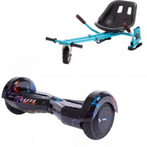Set Hoverboard cu Scaun, Hoverkart Albastru cu Suspensii Duble, Boxe Bluetooth, Lumini LED si Auto Balans, roti 6.5'', 15km Autonomie, Putere 700W, Baterie 4Ah Samsung Cell, Smart Balance Transformers Thunderstorm