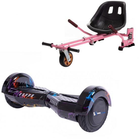 Set Hoverboard cu Scaun, Hoverkart Roz cu Suspensii Duble, Boxe Bluetooth, Lumini LED si Auto Balans, roti 6.5'', 15km Autonomie, Putere 700W, Baterie 4Ah Samsung Cell, Smart Balance Transformers Thunderstorm Blue