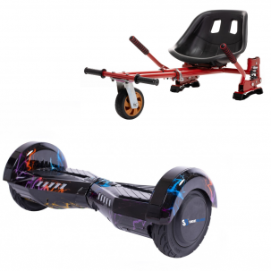 Set Hoverboard cu Scaun, Hoverkart Rosu cu Suspensii Duble, Boxe Bluetooth, Lumini LED si Auto Balans, roti 6.5'', 15km Autonomie, Putere 700W, Baterie 4Ah Samsung Cell, Smart Balance Transformers Thunderstorm