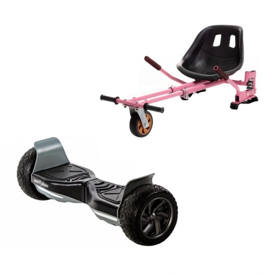 Set Hoverboard All Terrain cu Scaun, Hoverkart Roz cu Suspensii Duble, Boxe Bluetooth, Lumini LED si Auto Balans, roti 8.5'', 15km Autonomie, Putere 700W, Baterie 4Ah Samsung Cell, Smart Balance Hummer Black