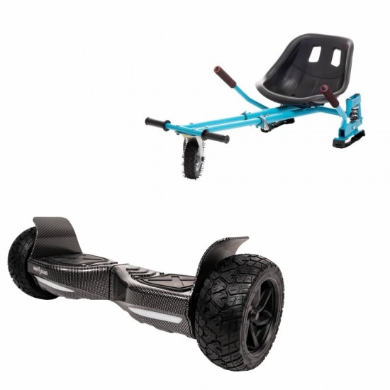 Set Hoverboard All Terrain cu Scaun, Hoverkart Albastru cu Suspensii Duble, Boxe Bluetooth, Lumini LED si Auto Balans, roti 8.5'', 15km Autonomie, Putere 700W, Baterie 4Ah Samsung Cell, Smart Balance Hummer Carbon