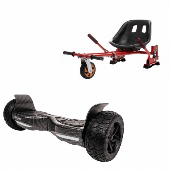 Set Hoverboard All Terrain cu Scaun, Hoverkart Rosu cu Suspensii Duble, Boxe Bluetooth, Lumini LED si Auto Balans, roti 8.5'', 15km Autonomie, Putere 700W, Baterie 4Ah Samsung Cell, Smart Balance Hummer Carbon