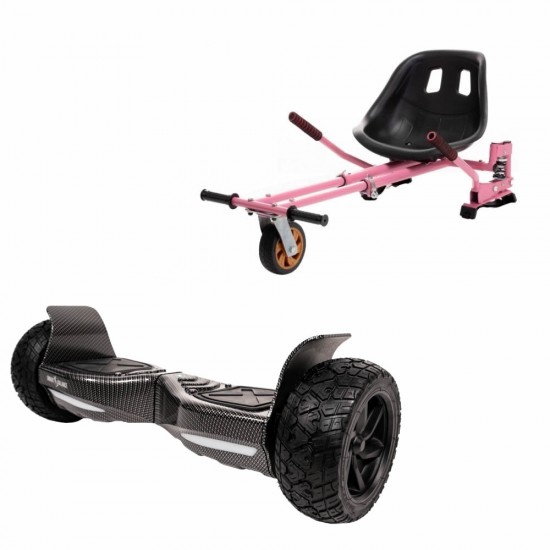 Set Hoverboard All Terrain cu Scaun, Hoverkart Roz cu Suspensii Duble, Boxe Bluetooth, Lumini LED si Auto Balans, roti 8.5'', 15km Autonomie, Putere 700W, Baterie 4Ah Samsung Cell, Smart Balance Hummer Carbon