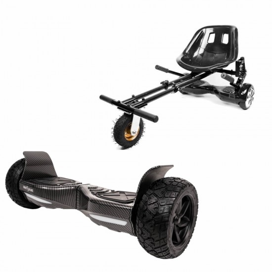 Set Hoverboard All Terrain cu Scaun, Hoverkart Negru cu Suspensii Duble, Boxe Bluetooth, Lumini LED si Auto Balans, roti 8.5'', 15km Autonomie, Putere 700W, Baterie 4Ah Samsung Cell, Smart Balance Hummer Carbon