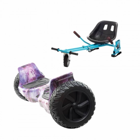 Set Hoverboard All Terrain cu Scaun, Hoverkart Albastru cu Suspensii Duble, Boxe Bluetooth, Lumini LED si Auto Balans, roti 8.5'', 15km Autonomie, Putere 700W, Baterie 4Ah Samsung Cell, Smart Balance Hummer Galaxy