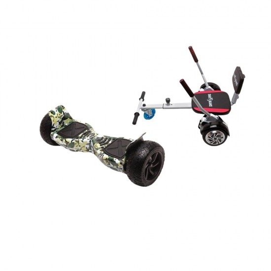 Set Hoverboard All Terrain cu Scaun, Hoverkart Confort, Boxe Bluetooth, Lumini LED si Auto Balans, roti 8.5'', 15km Autonomie, Putere 700W, Baterie 4Ah Samsung Cell, Smart Balance Hummer Camouflage