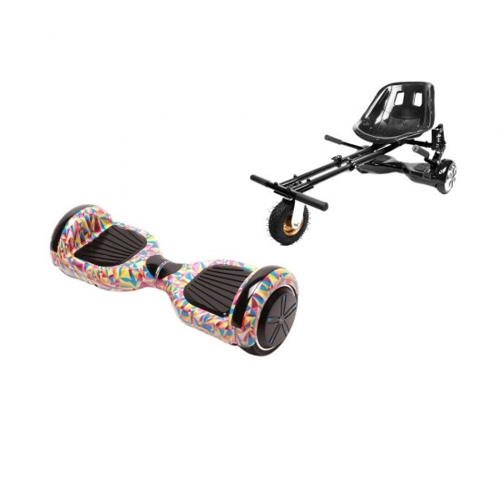 Set Hoverboard cu Scaun, Hoverkart Negru cu Suspensii Duble, Boxe Bluetooth, Lumini LED si Auto Balans, roti 6.5'', 15km Autonomie, Putere 700W, Baterie 4Ah Samsung Cell, Smart Balance Regular Abstract