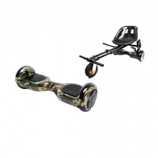 Set Hoverboard cu Scaun, Hoverkart Negru cu Suspensii Duble, Boxe Bluetooth, Lumini LED si Auto Balans, roti 6.5'', 15km Autonomie, Putere 700W, Baterie 4Ah Samsung Cell, Smart Balance Regular Camouflage Green