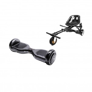 Set Hoverboard cu Scaun, Hoverkart Negru cu Suspensii Duble, Boxe Bluetooth, Lumini LED si Auto Balans, roti 6.5'', 15km Autonomie, Putere 700W, Baterie 4Ah Samsung Cell, Smart Balance Regular Carbon