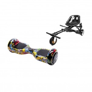 Set Hoverboard cu Scaun, Hoverkart Negru cu Suspensii Duble, Boxe Bluetooth, Lumini LED si Auto Balans, roti 6.5'', 15km Autonomie, Putere 700W, Baterie 4Ah Samsung Cell, Smart Balance Regular HipHop