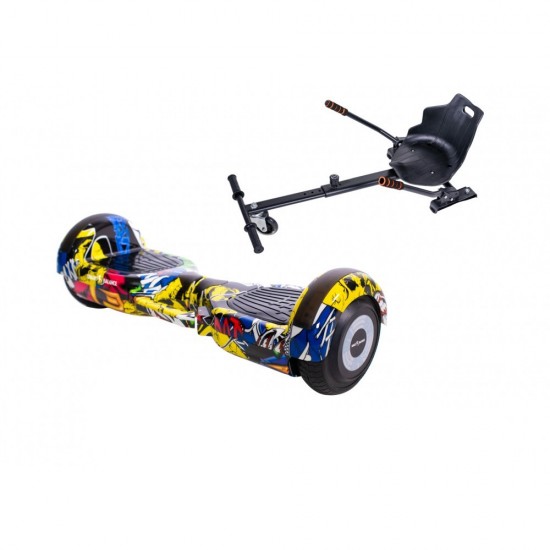 Set Hoverboard cu Scaun, Hoverkart Ergonomic, Boxe Bluetooth, Lumini LED si Auto Balans, roti 6.5'', 15km Autonomie, Putere 700W, Baterie 4Ah Samsung Cell, Smart Balance Regular HipHop cu maner