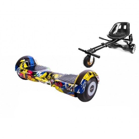 Set Hoverboard cu Scaun, Hoverkart Negru cu Suspensii Duble, Boxe Bluetooth, Lumini LED si Auto Balans, roti 6.5'', 15km Autonomie, Putere 700W, Baterie 4Ah Samsung Cell, Smart Balance Regular HipHop cu maner