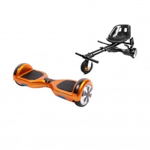 Set Hoverboard cu Scaun, Hoverkart Negru cu Suspensii Duble, Boxe Bluetooth, Lumini LED si Auto Balans, roti 6.5'', 15km Autonomie, Putere 700W, Baterie 4Ah Samsung Cell, Smart Balance Regular Orange