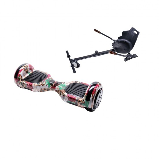 Set Hoverboard cu Scaun, Hoverkart Ergonomic, Boxe Bluetooth, Lumini LED si Auto Balans, roti 6.5'', 15km Autonomie, Putere 700W, Baterie 4Ah Samsung Cell, Smart Balance Regular SkullColor