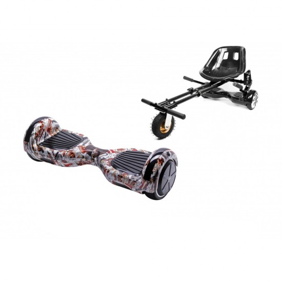 Pachet Hoverboard 6.5 inch cu Scaun cu Suspensii, Regular Tattoo, Autonomie Extinsa si Hoverkart Negru cu Suspensii Duble, Smart Balance