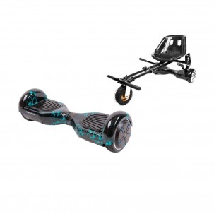 Set Hoverboard cu Scaun, Hoverkart Negru cu Suspensii Duble, Boxe Bluetooth, Lumini LED si Auto Balans, roti 6.5'', 15km Autonomie, Putere 700W, Baterie 4Ah Samsung Cell, Smart Balance Regular Thunderstorm
