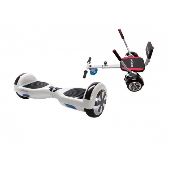 Set Hoverboard cu Scaun, Hoverkart Confort, Boxe Bluetooth, Lumini LED si Auto Balans, roti 6.5'', 15km Autonomie, Putere 700W, Baterie 4Ah Samsung Cell, Smart Balance Regular White Pearl