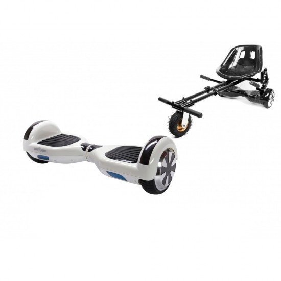 Pachet Hoverboard 6.5 inch cu Scaun cu Suspensii, Regular White Pearl, Autonomie Extinsa si Hoverkart Negru cu Suspensii Duble, Smart Balance