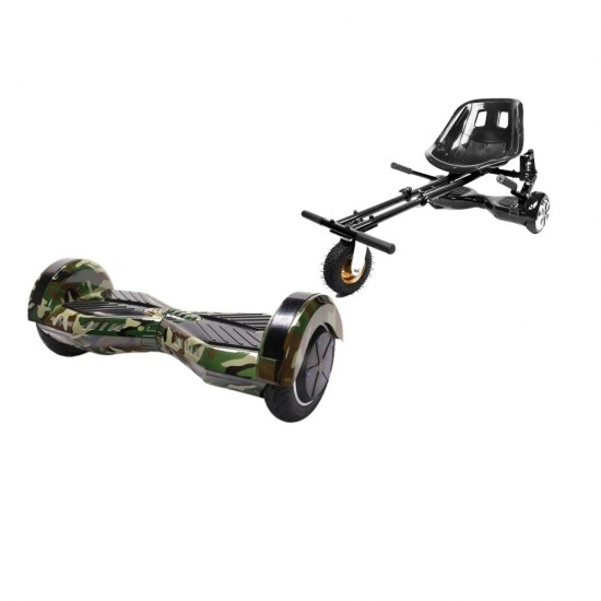 Set Hoverboard cu Scaun, Hoverkart Negru cu Suspensii Duble, Boxe Bluetooth, Lumini LED si Auto Balans, roti 8'', 15km Autonomie, Putere 700W, Baterie 4Ah Samsung Cell, Smart Balance Transformers Camouflage 