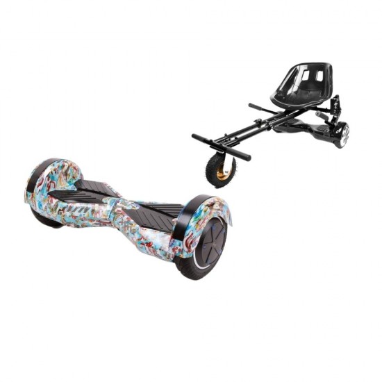 Set Hoverboard cu Scaun, Hoverkart Negru cu Suspensii Duble, Boxe Bluetooth, Lumini LED si Auto Balans, roti 8'', 15km Autonomie, Putere 700W, Baterie 4Ah Samsung Cell, Smart Balance Transformers Clown 