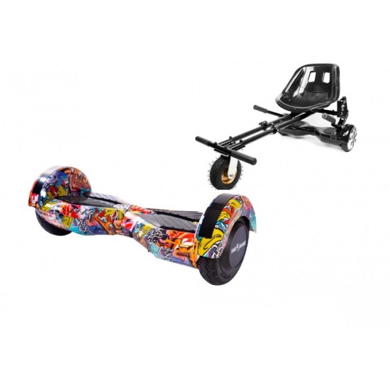 Set Hoverboard cu Scaun, Hoverkart Negru cu Suspensii Duble, Boxe Bluetooth, Lumini LED si Auto Balans, roti 8'', 15km Autonomie, Putere 700W, Baterie 4Ah Samsung Cell, Smart Balance Transformers HipHop Orange 